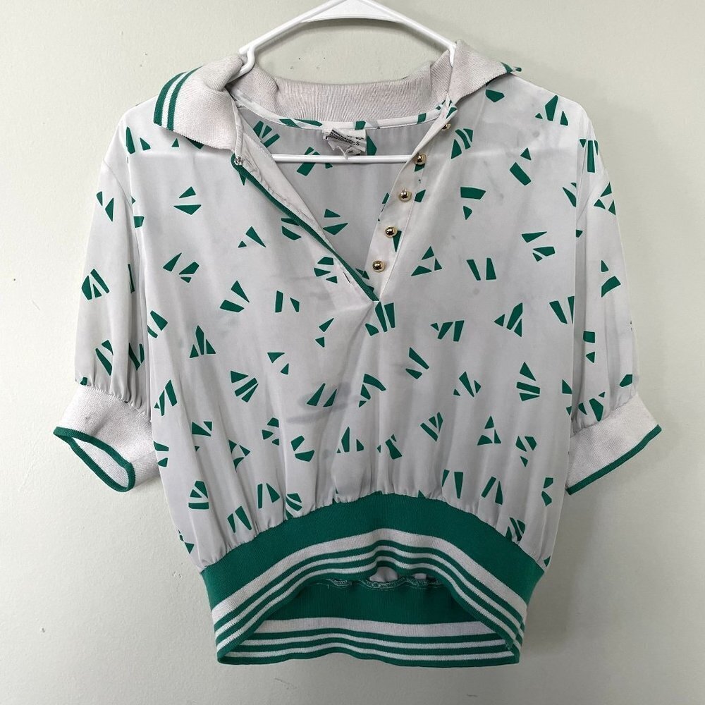 Russ Petites vintage white green golf shirt lightweight sheer collar top size S